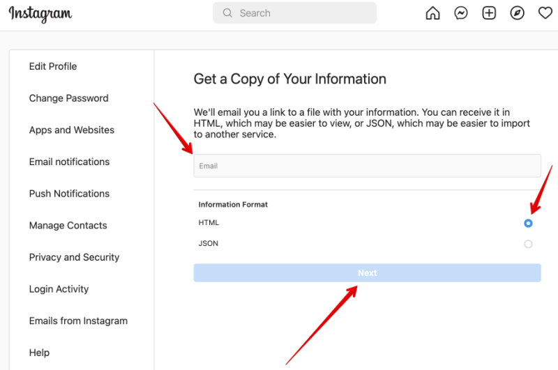 Instagram’s “Get a Copy of Your Information” settings page, with the email field, the HTML information format option and the Next button all marked out