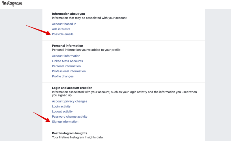 The downloaded index.html open in a browser, with the “Possible emails” link under Information about you and the “Signup information” link under Login and account creation both marked out
